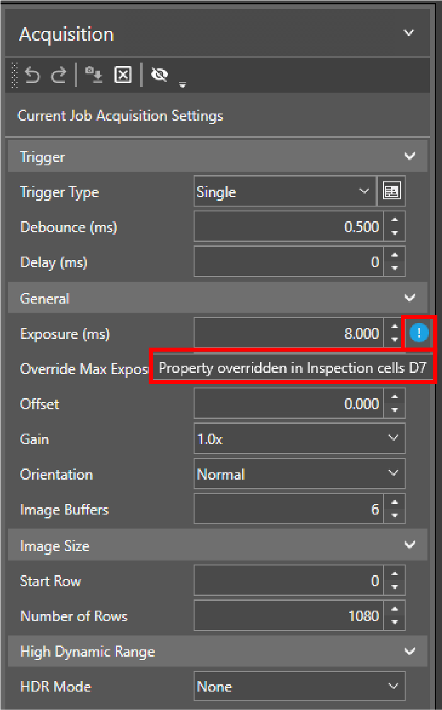 Blue exclamation mark shows the ApplyAcquisitionSettings function information.