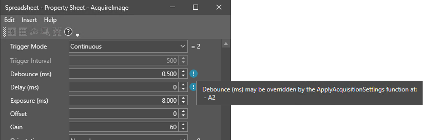 Blue exclamation mark shows the ApplyAcquisitionSettings function information.