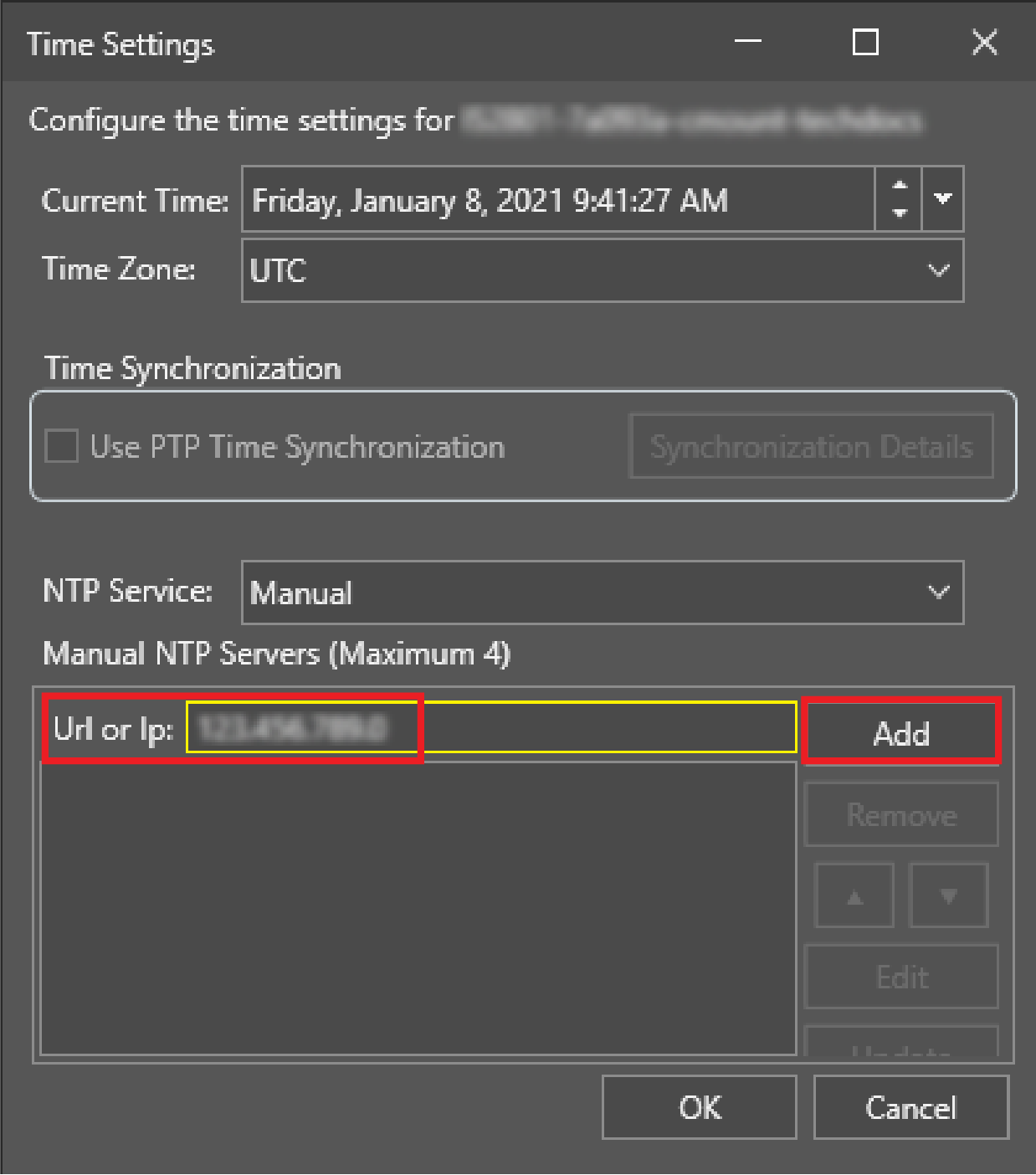 Dialog of the time settings utility showing a step in the procedure where the IP address of the host computer is added to the Url or Ip field. The Add button is highlighted, indicating the action to add the IP address to the list of configured NTP servers.