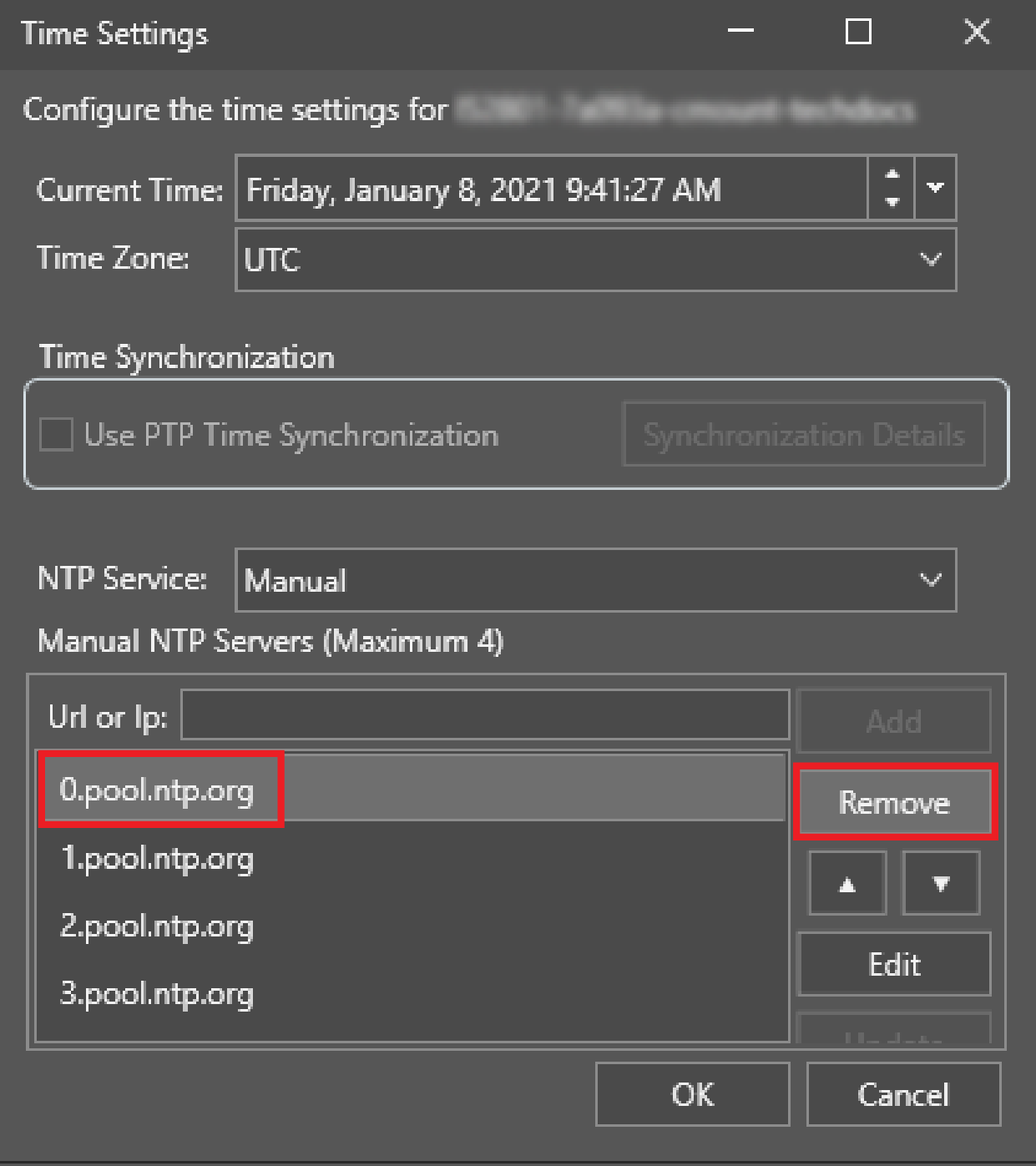 Dialog of the time settings utility showing a step in the procedure for removing configured NTP servers. The interface highlights the list of configured NTP servers and the Remove button. 