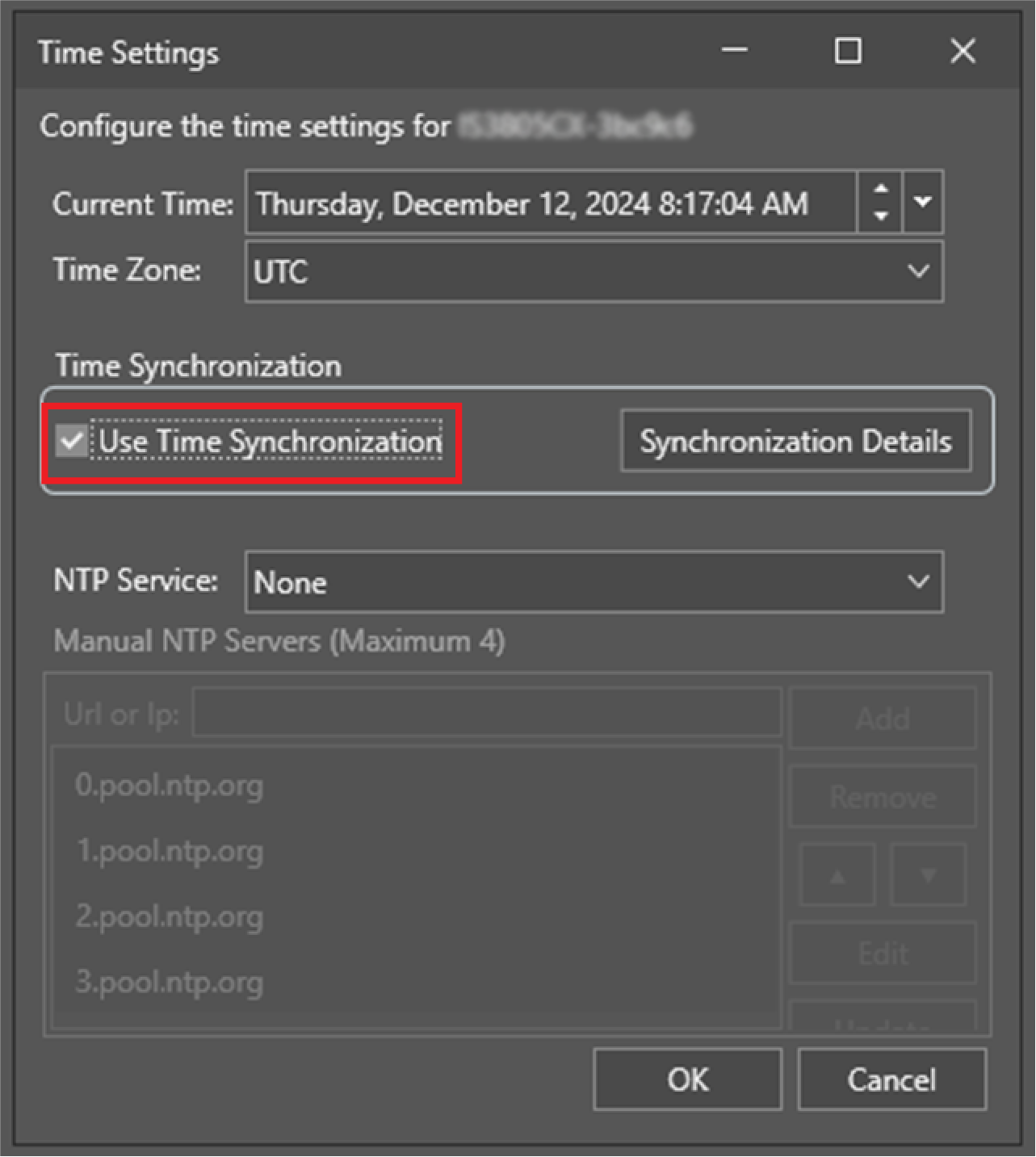 Dialog of the time settings utility displaying options to configure NTP servers, and for enabling time synchronization for the vision system.