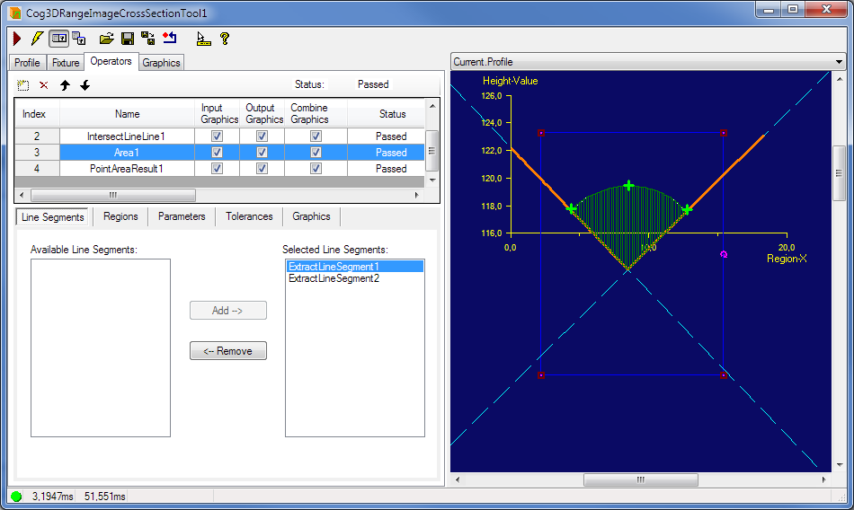 Cognex Image Processing Cog 3DRange Image Cross Section Area Line Segments Tab